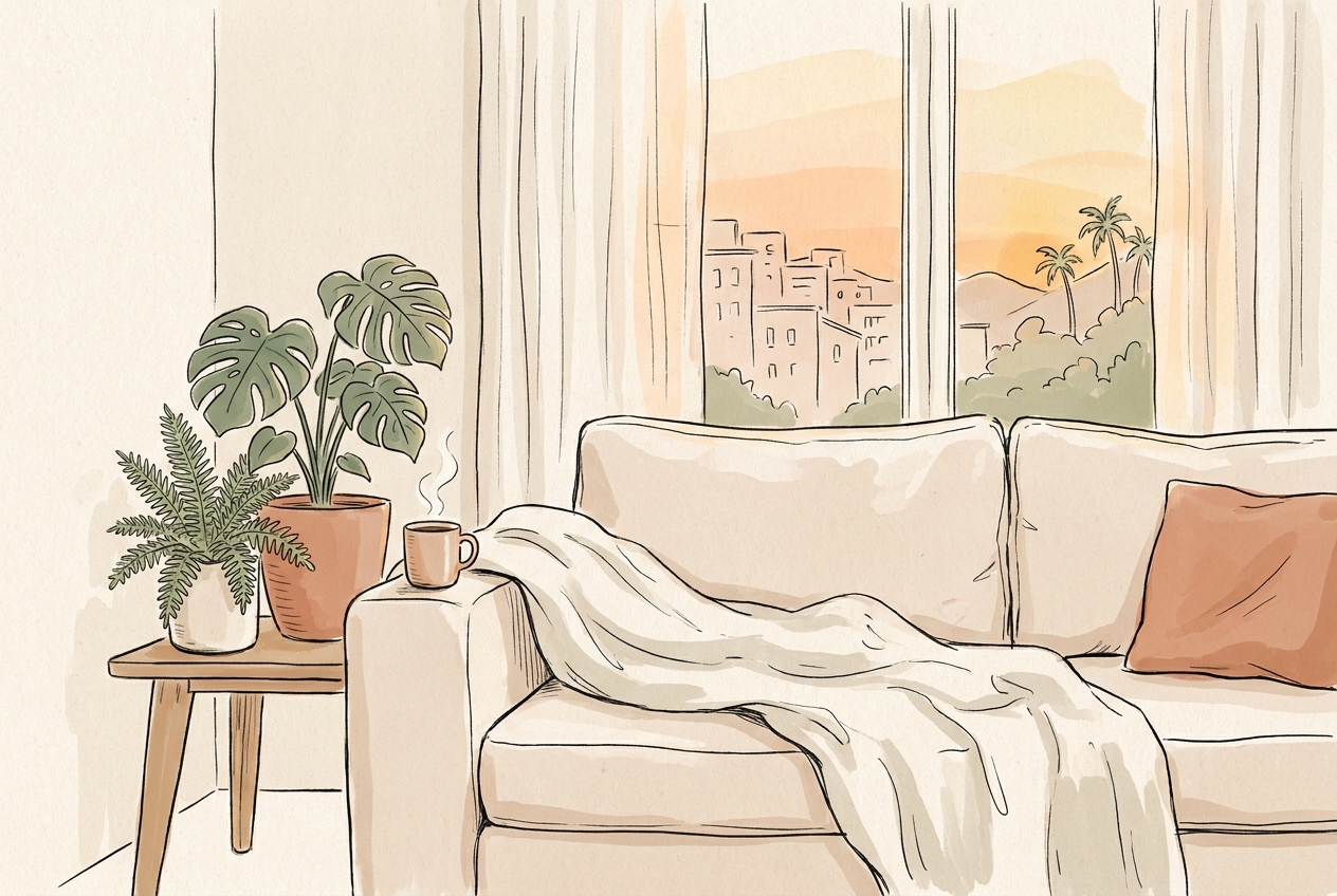 Hand-drawn illustration of a calm, private apartment in Medellín with plants and afternoon light